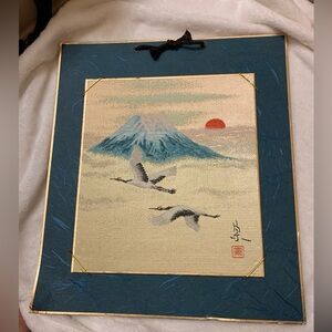 Japanese Silk Art Mount Fuji Tapestry  Embroidery Signed & COA Japaneselanguage